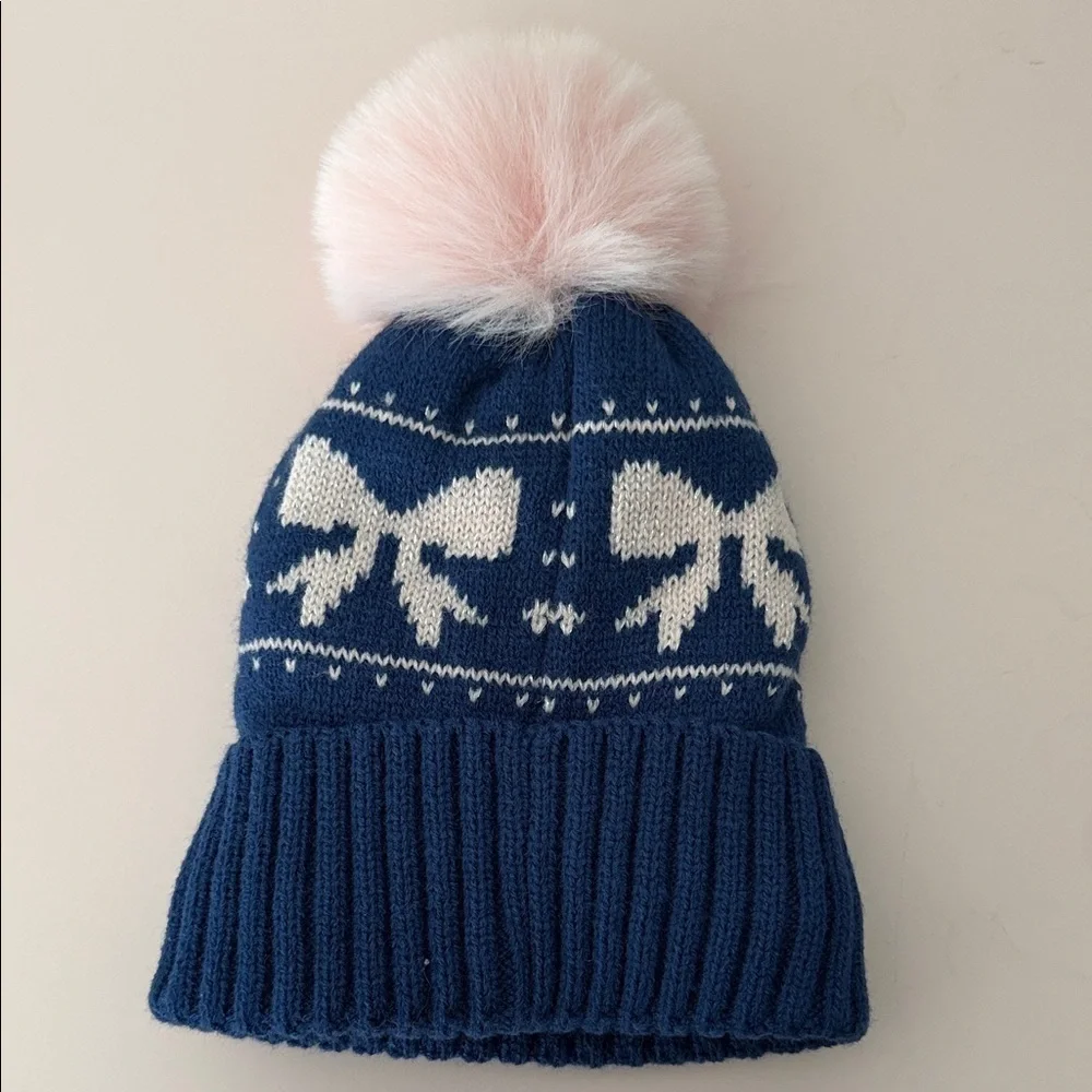 Kids Blue and Pink Pom-Pom Beanie